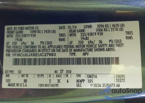 2014 Ford Escape Titanium z USA, uszkodzony, nr VIN 1FMCU0JX6EUC27993